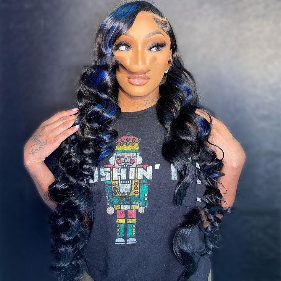 Blue Highlights Loose Lace Humanhair Wig