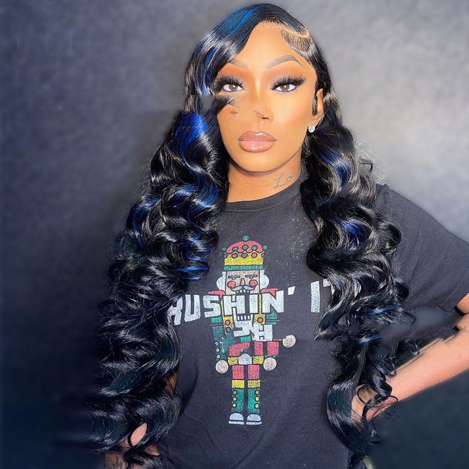 Blue Highlights Loose Lace Humanhair Wig